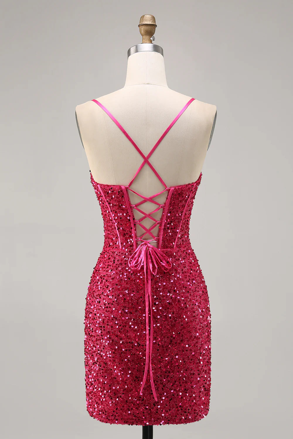 Fuchsia Spaghetti Straps Bodycon Corset Sequins Homecoming Dress