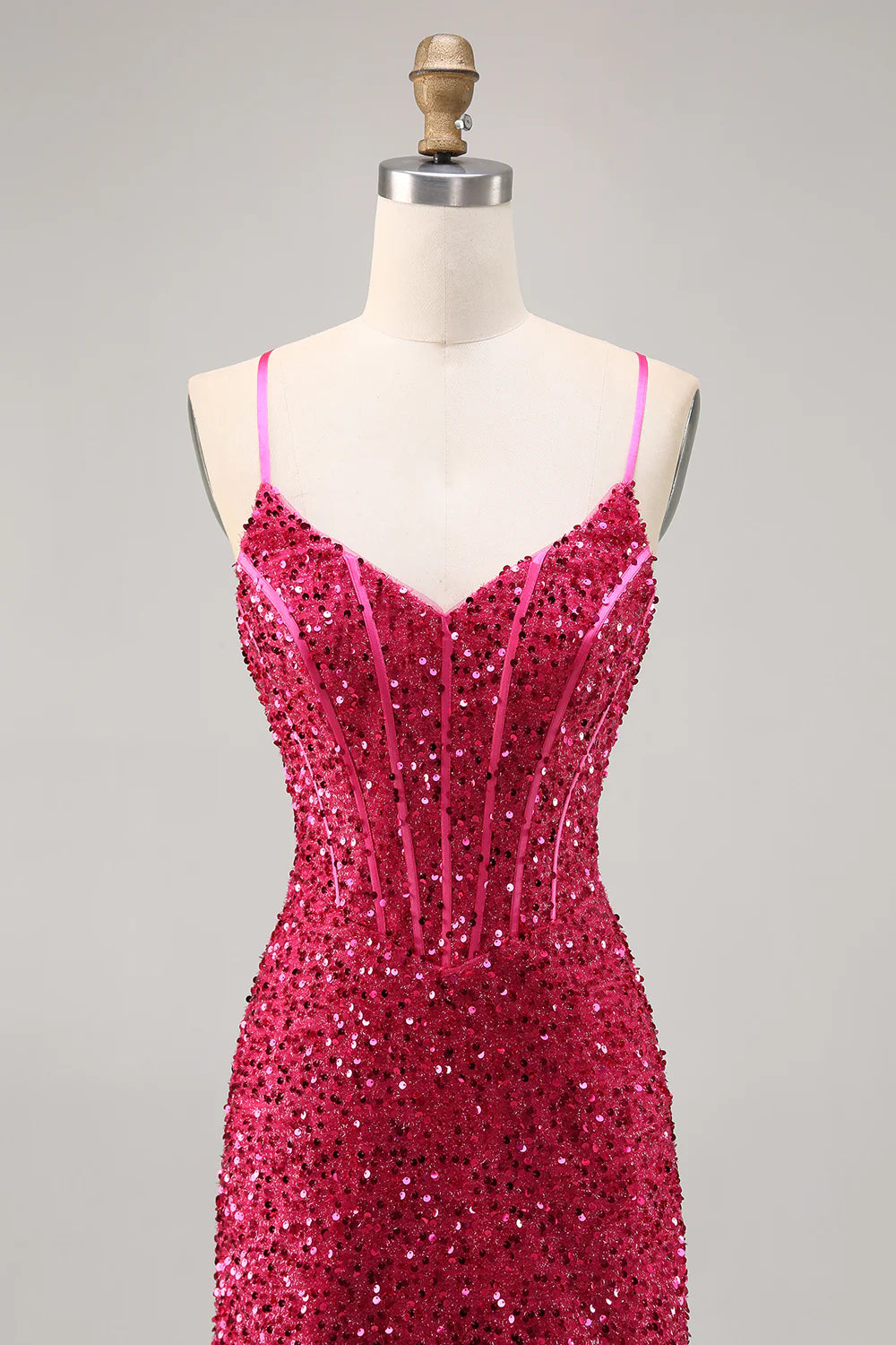 Fuchsia Spaghetti Straps Bodycon Corset Sequins Homecoming Dress