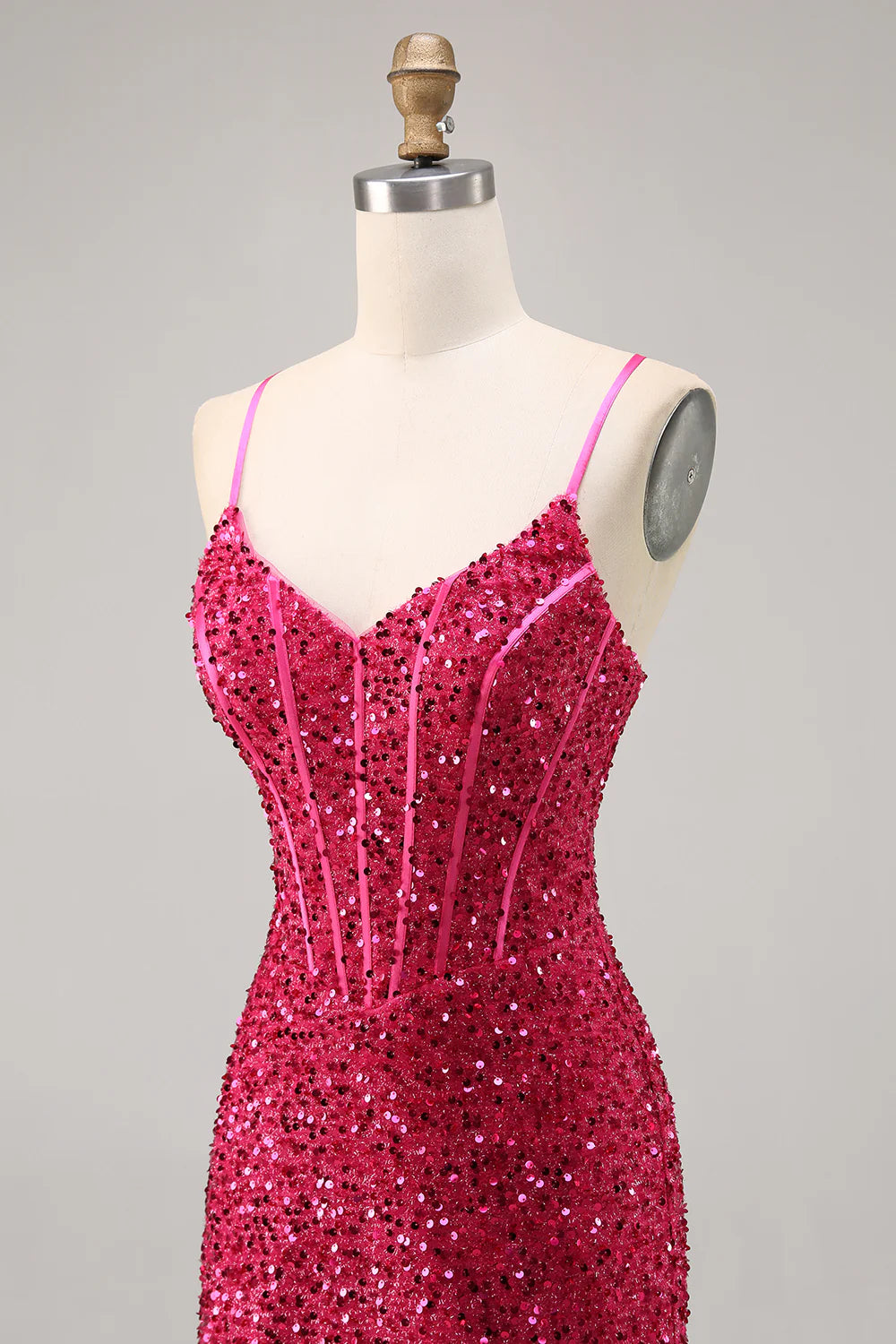 Fuchsia Spaghetti Straps Bodycon Corset Sequins Homecoming Dress