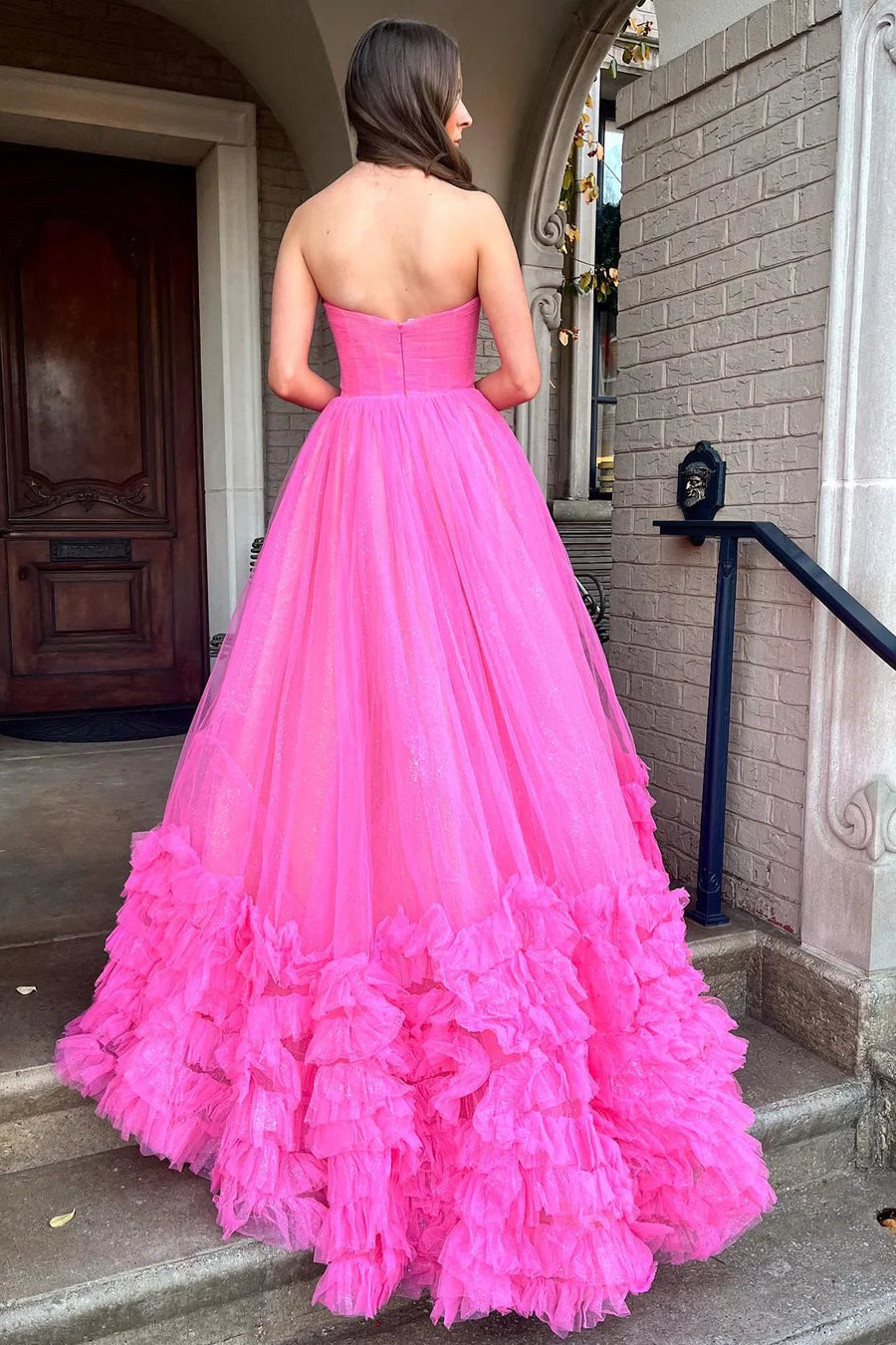 Fuchsia Strapless Ruffle A-Line Long Prom Dress