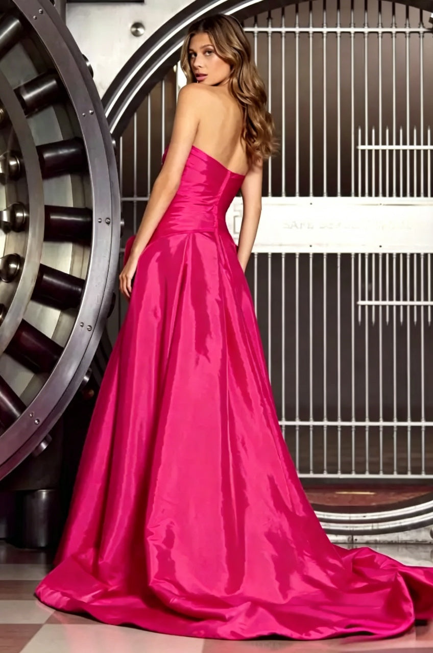 Fuchsia Strapless Taffeta A-Line Bow Accent High Slit Floor Length Evening Dresses