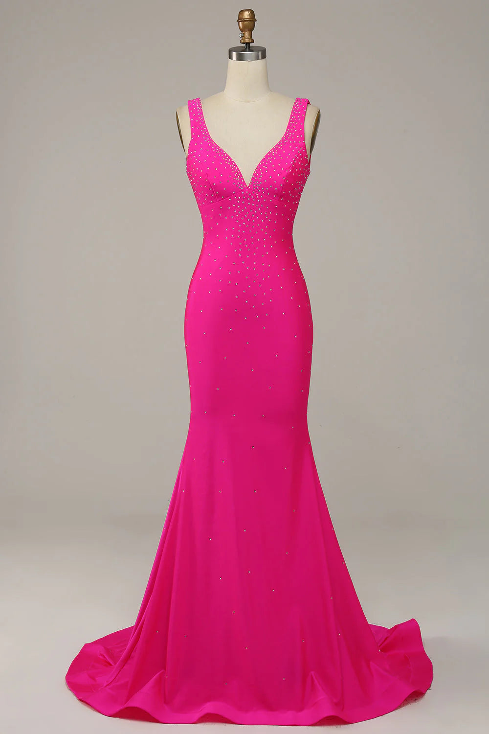 Fuchsia Mermaid V-Neck Beaded  Unique Design Prom Dress