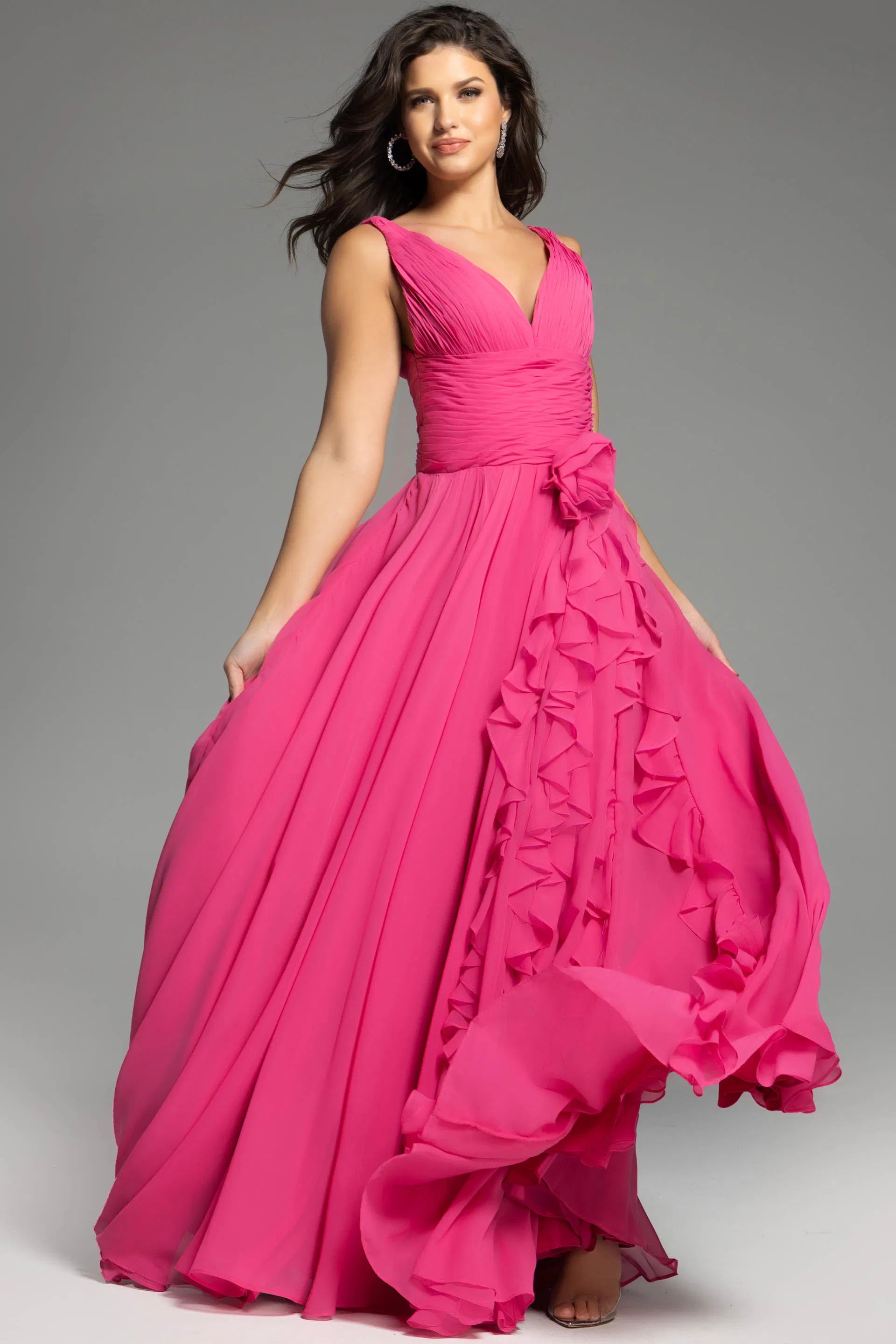 Fuchsia V-Neck Chiffon Evening Gown with Ruffled Side Detail, Sleeveless A-Line Skirt and Floor-Length Hem