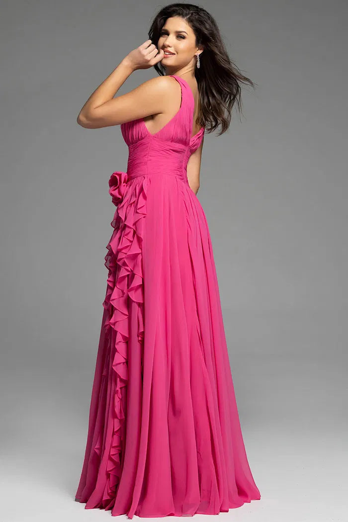 Fuchsia V-Neck Chiffon Evening Gown with Ruffled Side Detail, Sleeveless A-Line Skirt and Floor-Length Hem