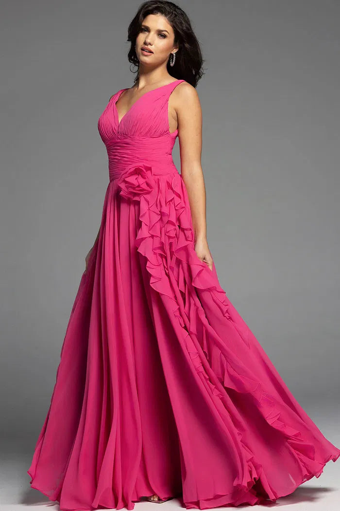 Fuchsia V-Neck Chiffon Evening Gown with Ruffled Side Detail, Sleeveless A-Line Skirt and Floor-Length Hem