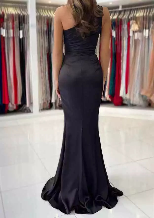 Full of charm, single shoulder sleeveless slim fit long/floor satin slit pleated Prom Dresses