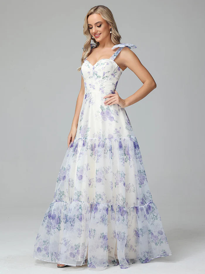 Floral Print Lace Up Floor Length Full Of Charm Prom Dress