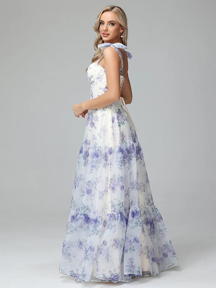 Floral Print Lace Up Floor Length Full Of Charm Prom Dress