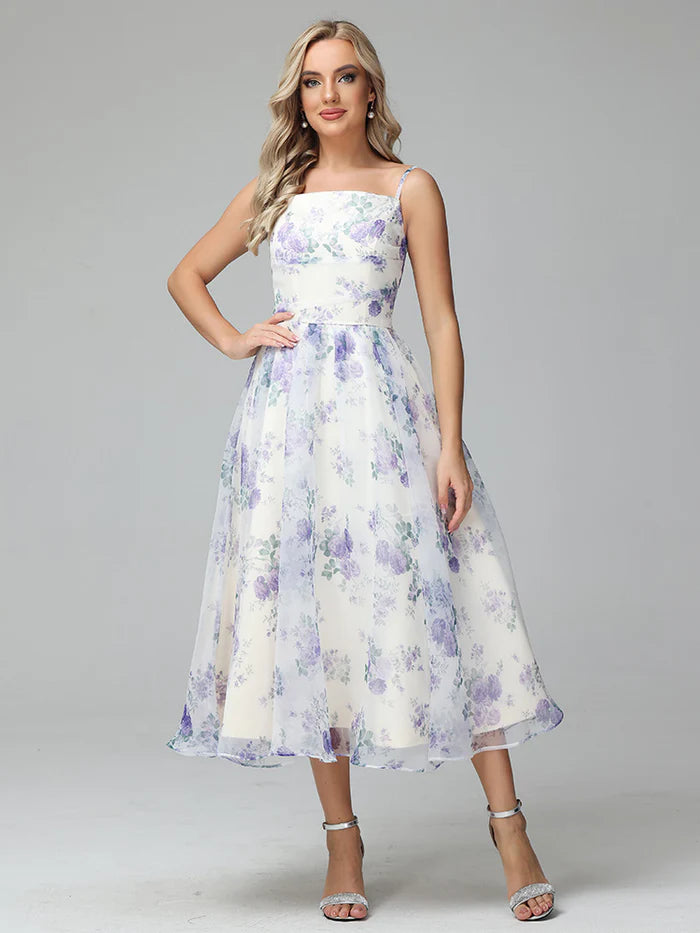 Spaghetti Straps Floral Print Tea Length Full Of Charm Party Dresses