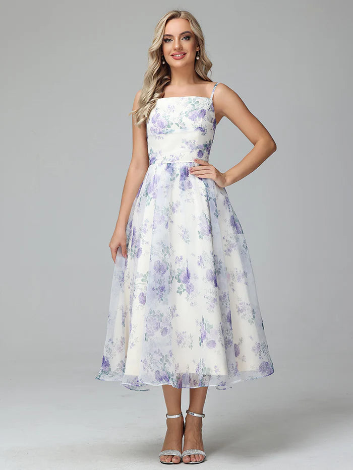 Spaghetti Straps Floral Print Tea Length Full Of Charm Party Dresses