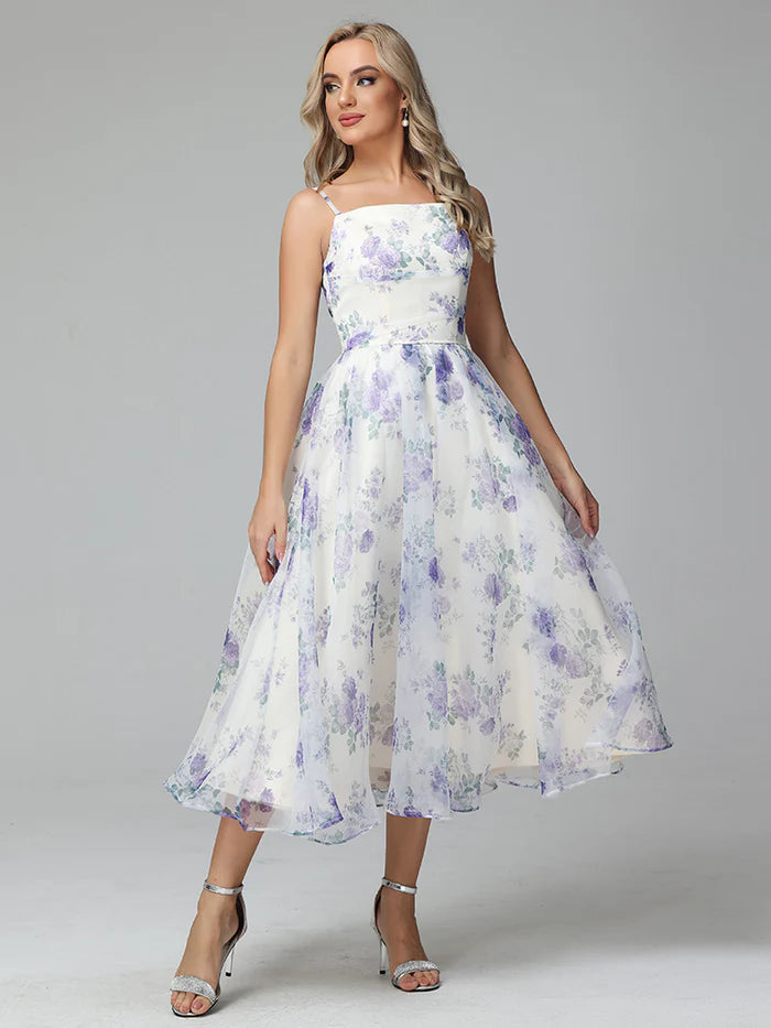 Spaghetti Straps Floral Print Tea Length Full Of Charm Party Dresses