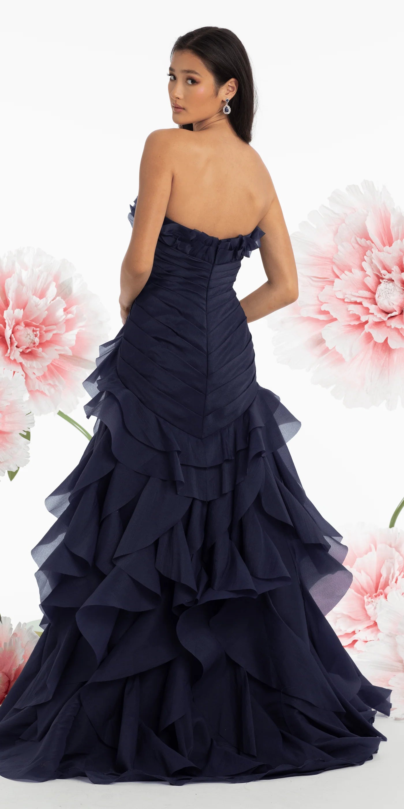 Glam Chiffon Mermaid Strapless 3D Floral Cascading Ruffle Floor Length Evening Dress