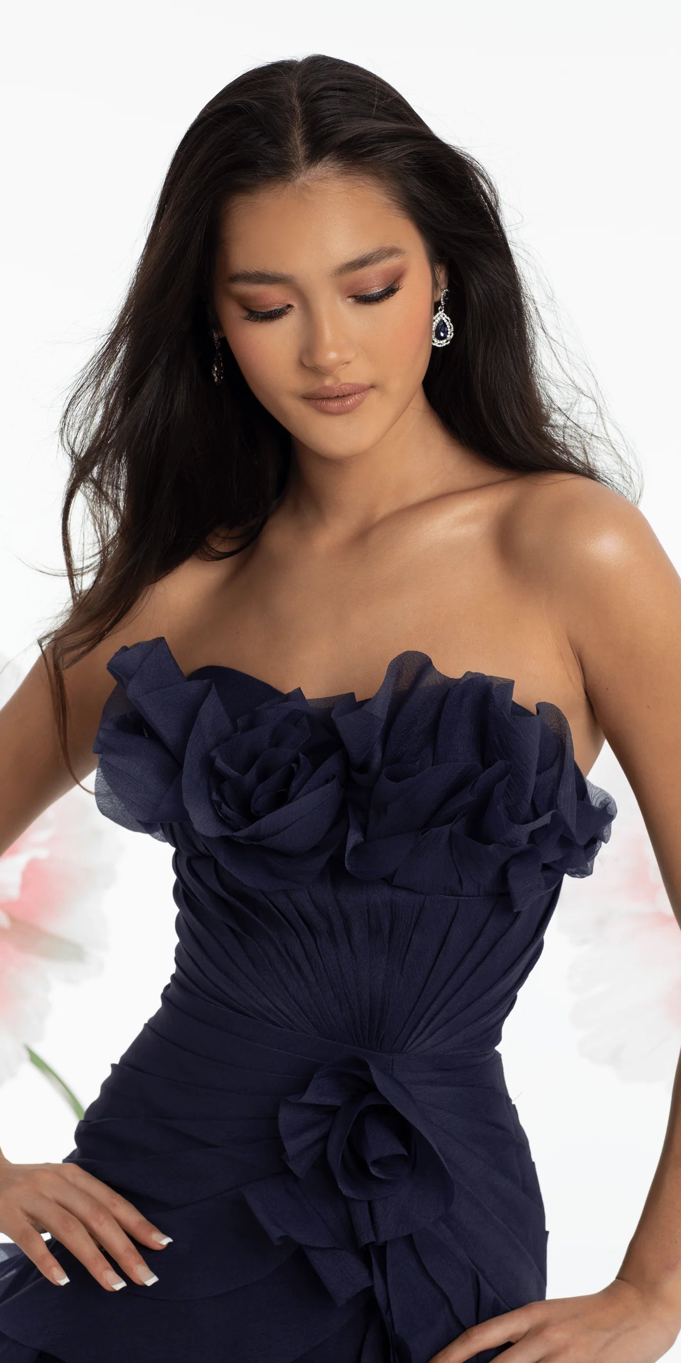 Glam Chiffon Mermaid Strapless 3D Floral Cascading Ruffle Floor Length Evening Dress