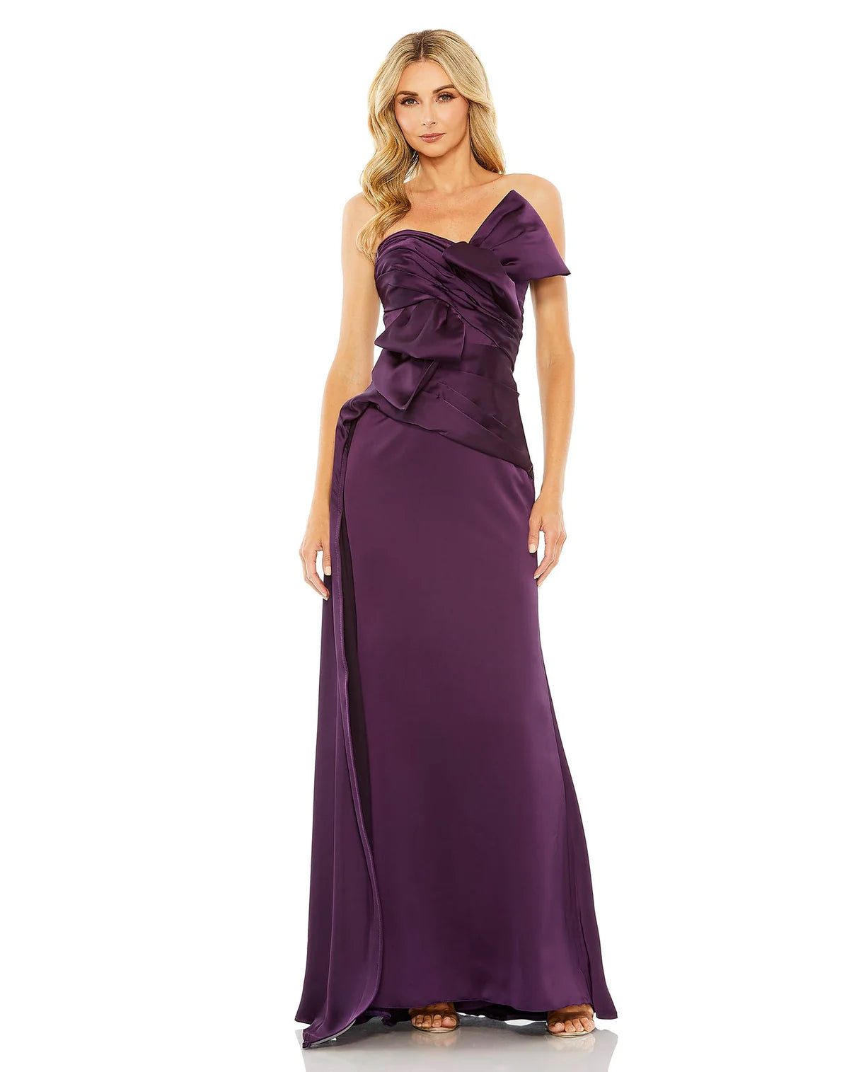 Glam Satin Mermaid Strapless Draped Bow Asymmetrical Hem Formal Evening Dress