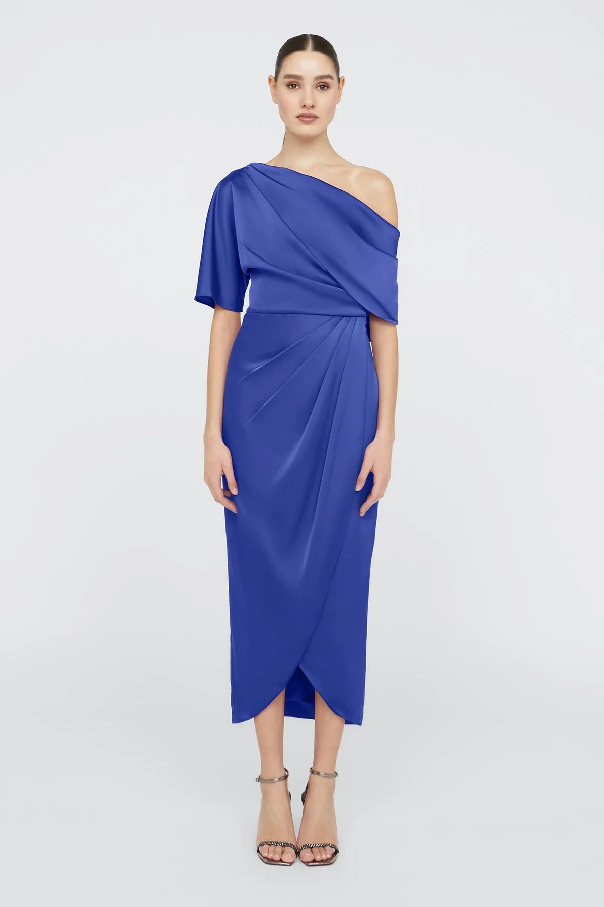 Glam Satin Sheath One Shoulder Ruched Tulip Hem Midi Formal Evening Dress