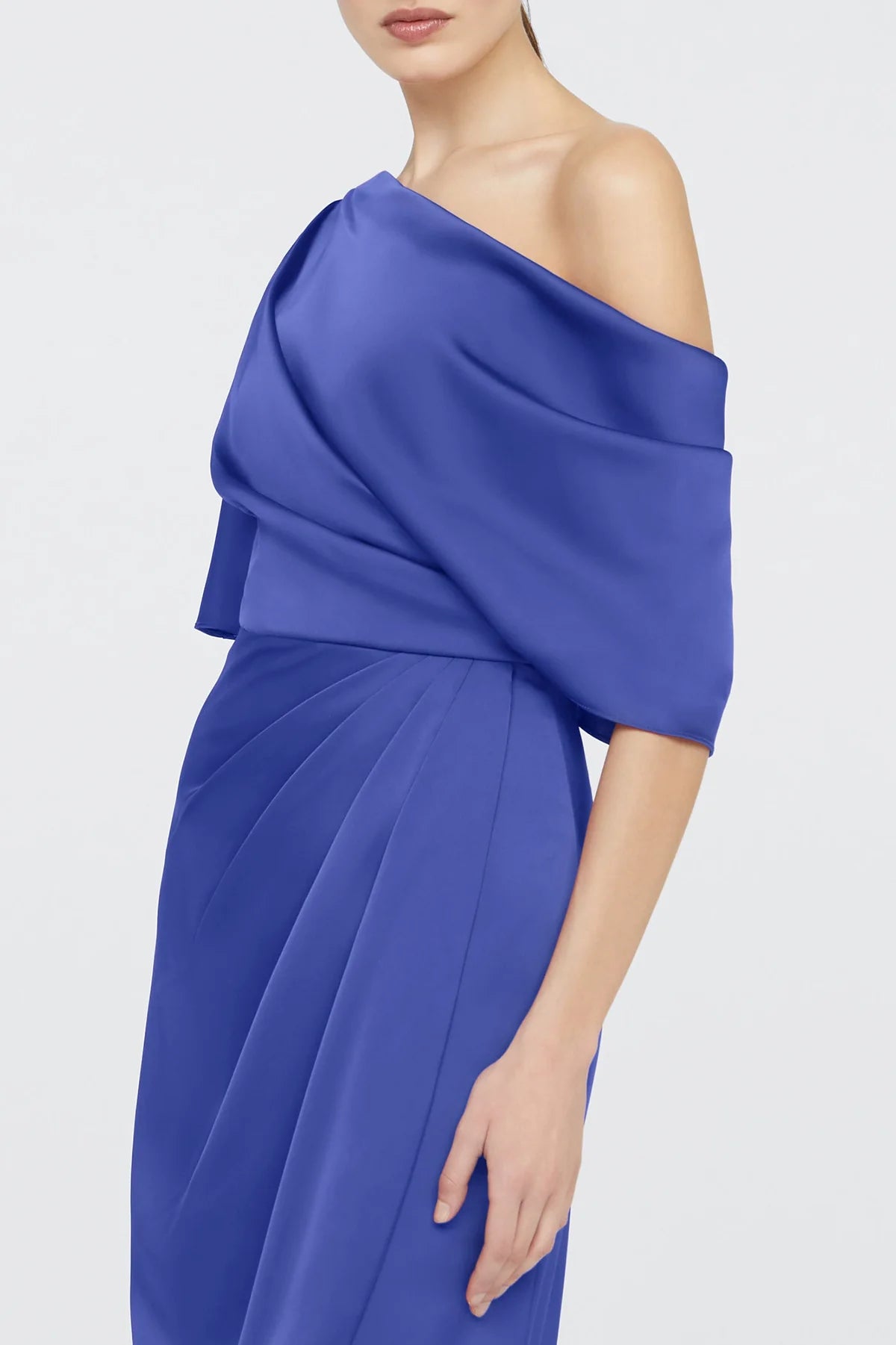 Glam Satin Sheath One Shoulder Ruched Tulip Hem Midi Formal Evening Dress
