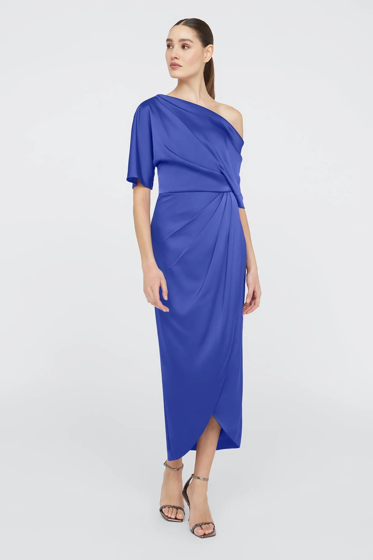 Glam Satin Sheath One Shoulder Ruched Tulip Hem Midi Formal Evening Dress