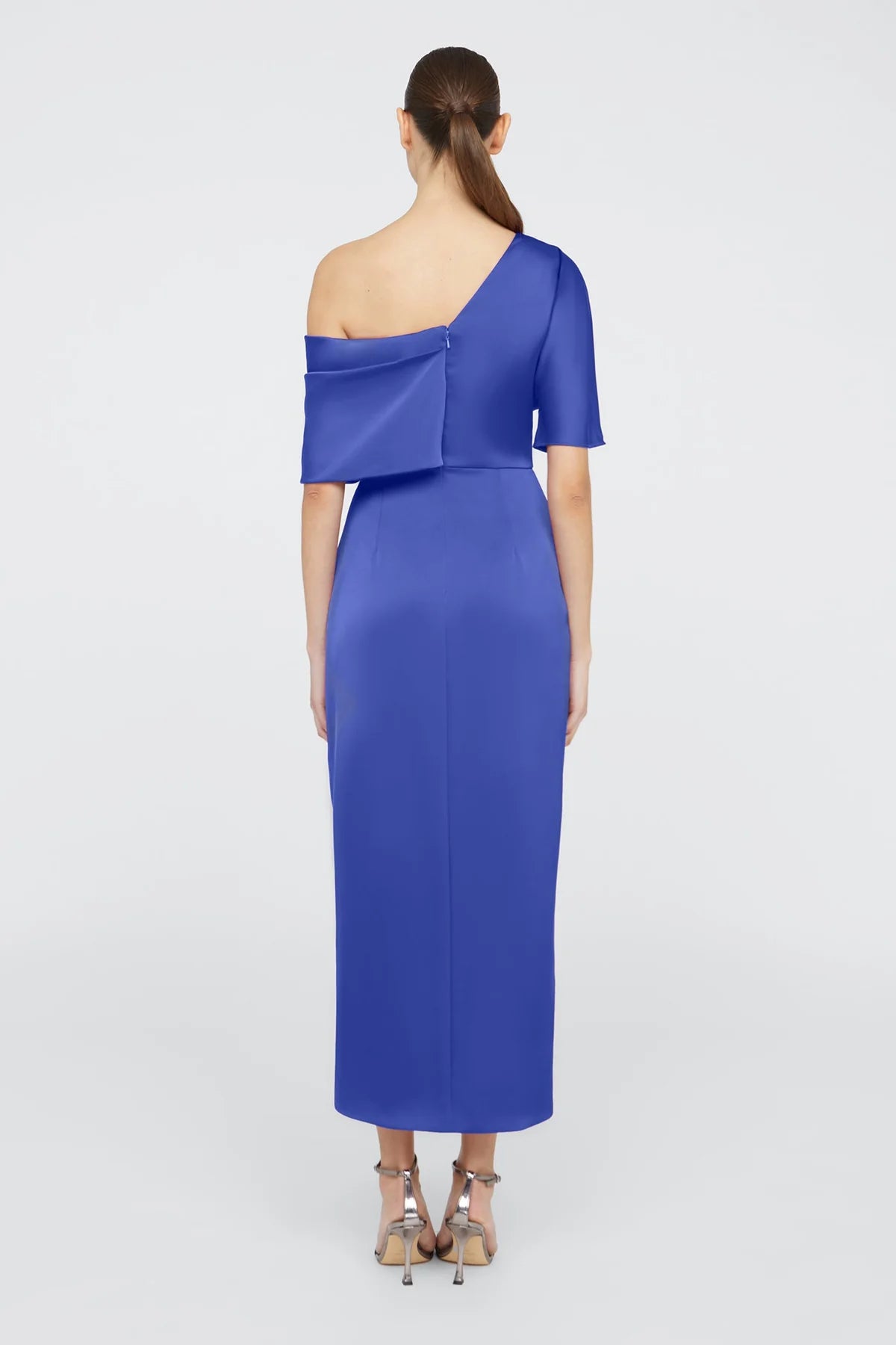 Glam Satin Sheath One Shoulder Ruched Tulip Hem Midi Formal Evening Dress