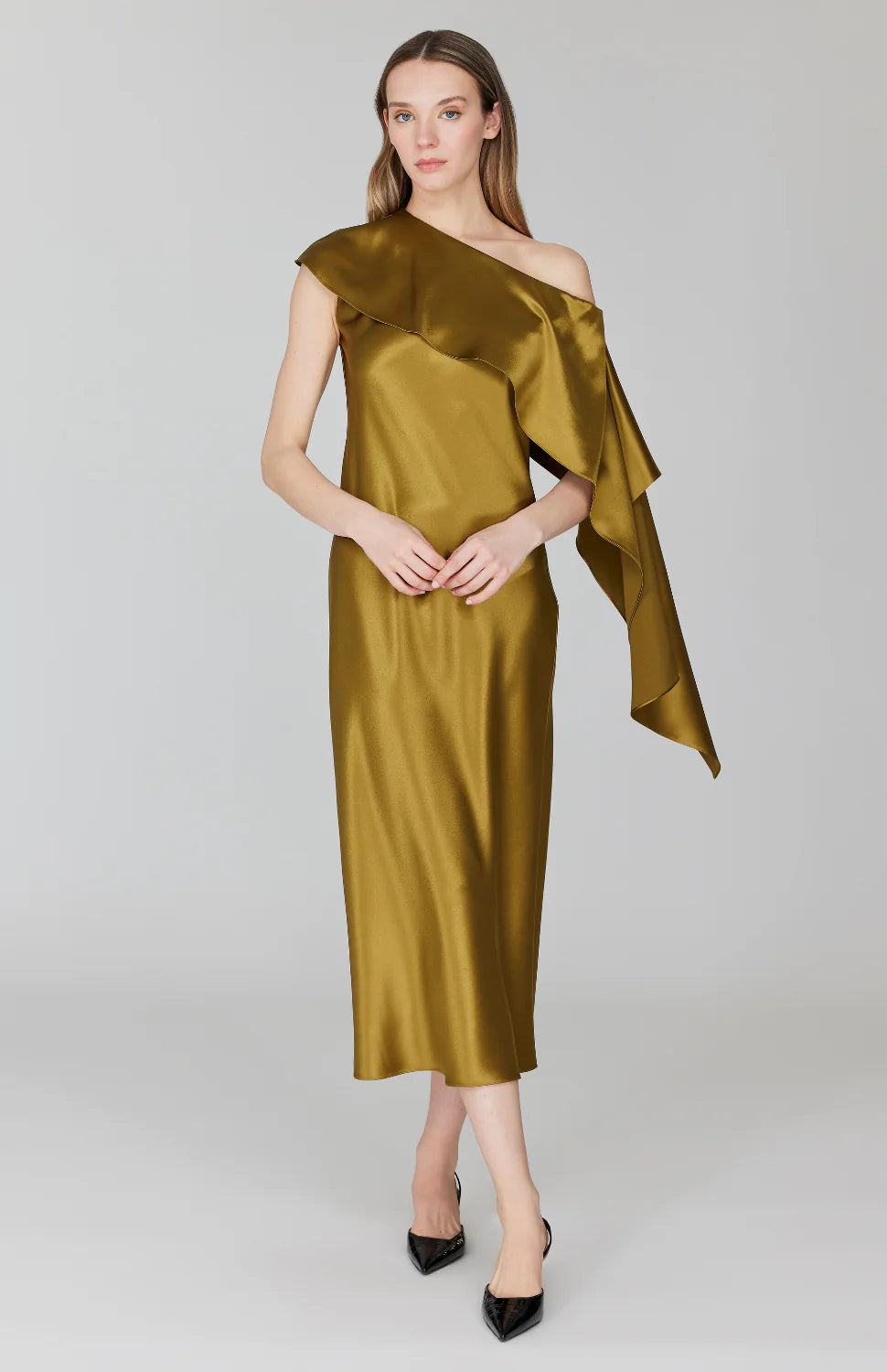 Glam Satin Sheath One Shoulder Ruffle Draped Midi Formal Evening Dress