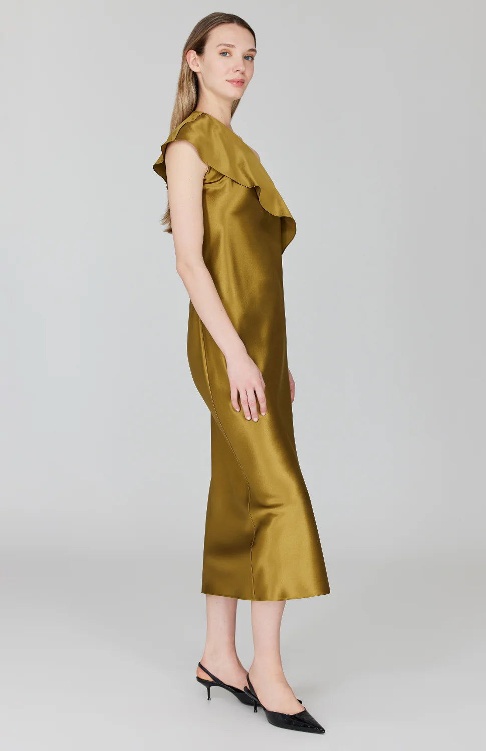 Glam Satin Sheath One Shoulder Ruffle Draped Midi Formal Evening Dress