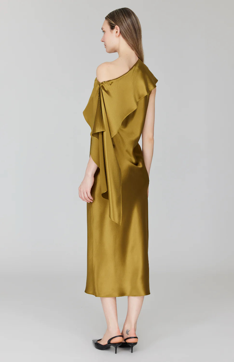 Glam Satin Sheath One Shoulder Ruffle Draped Midi Formal Evening Dress
