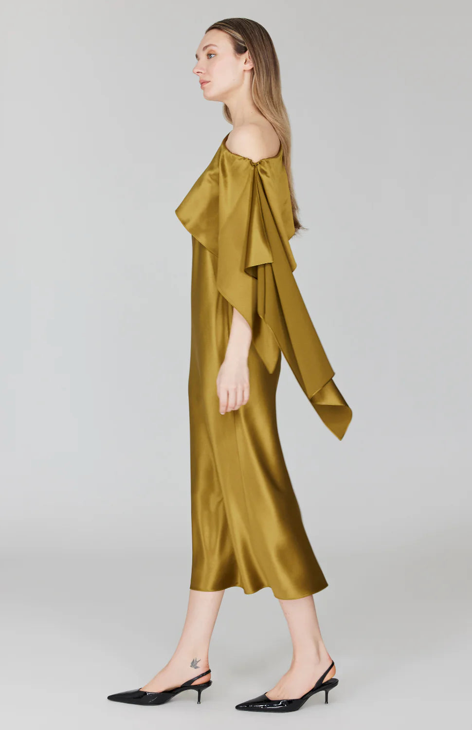 Glam Satin Sheath One Shoulder Ruffle Draped Midi Formal Evening Dress