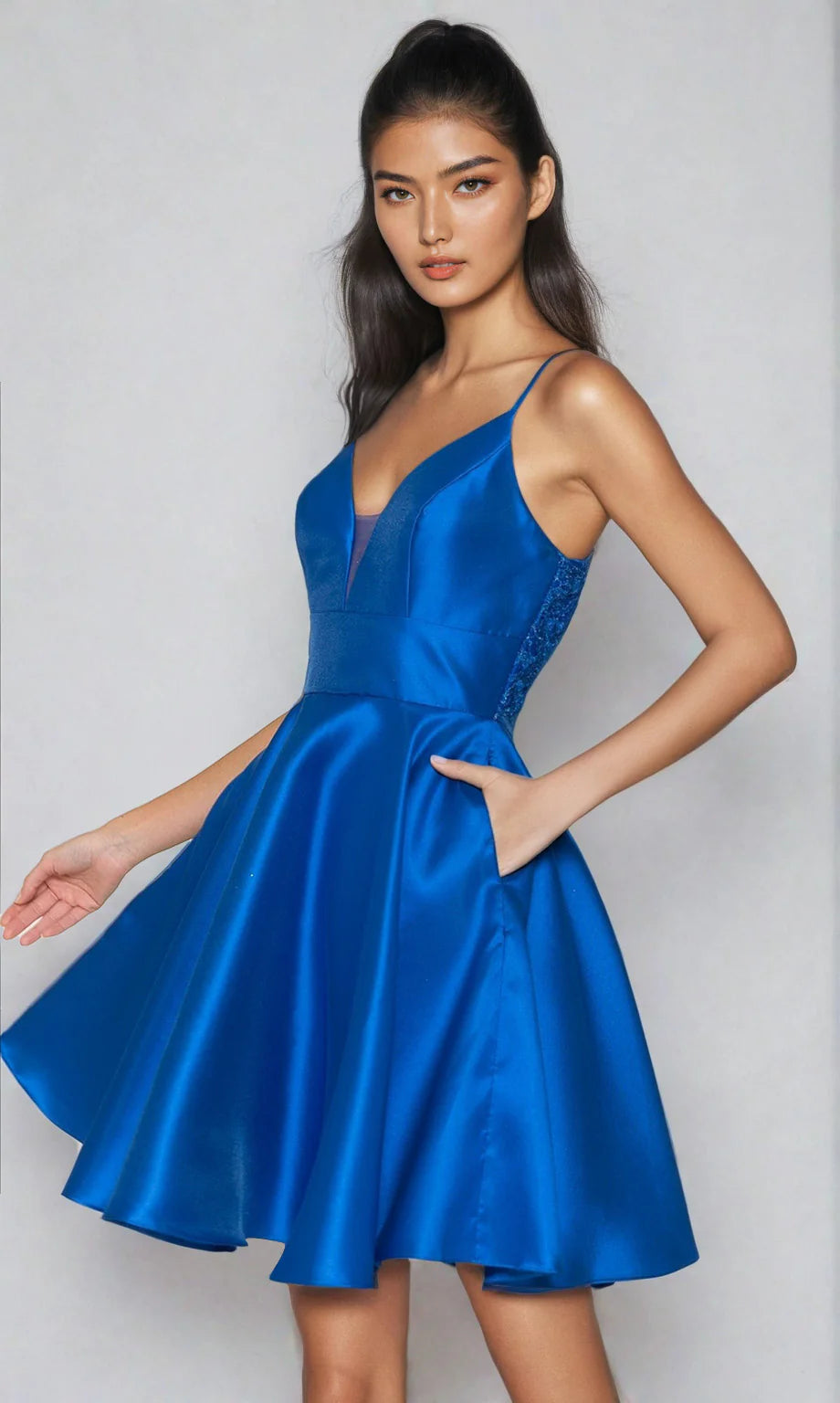 Glamorous A-Line Mini Homecoming Dress Spaghetti Straps Deep V Front Lace Cutout Back Pockets Satin