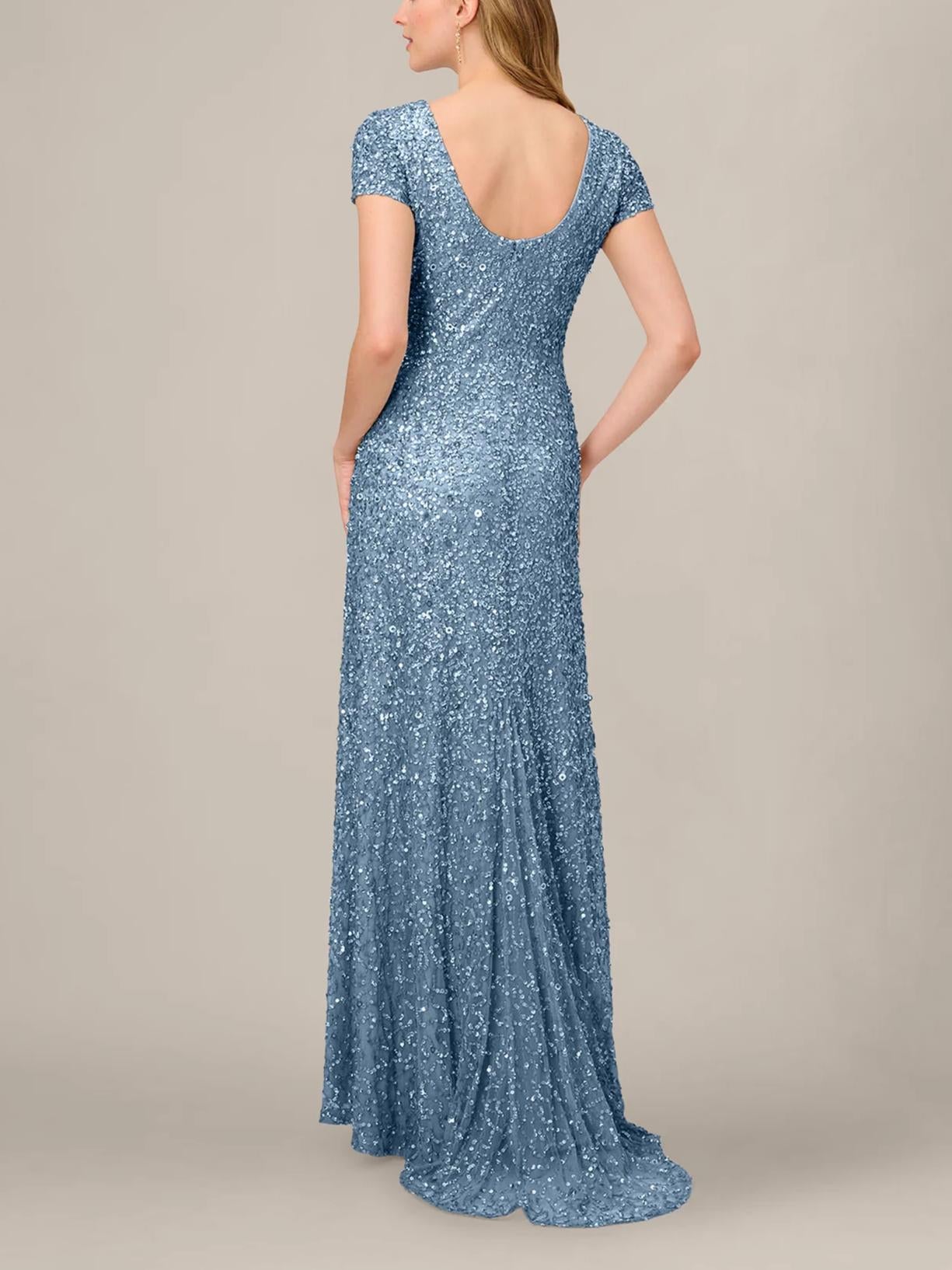 Glamorous A-Line Scoop-Neck Short-Sleeve Low-Back Floor-Length Sequin Evening Dress