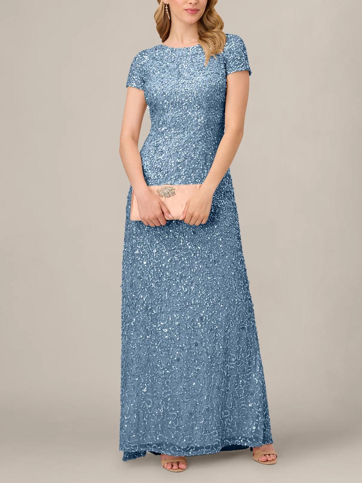 Glamorous A-Line Scoop-Neck Short-Sleeve Low-Back Floor-Length Sequin Evening Dress