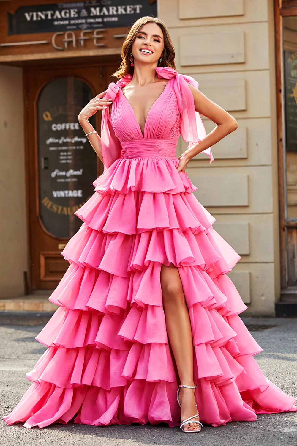 Glamorous Ball Gown Deep V Bow Shoulder Tiered Ruffle Floor-Length Evening Dress
