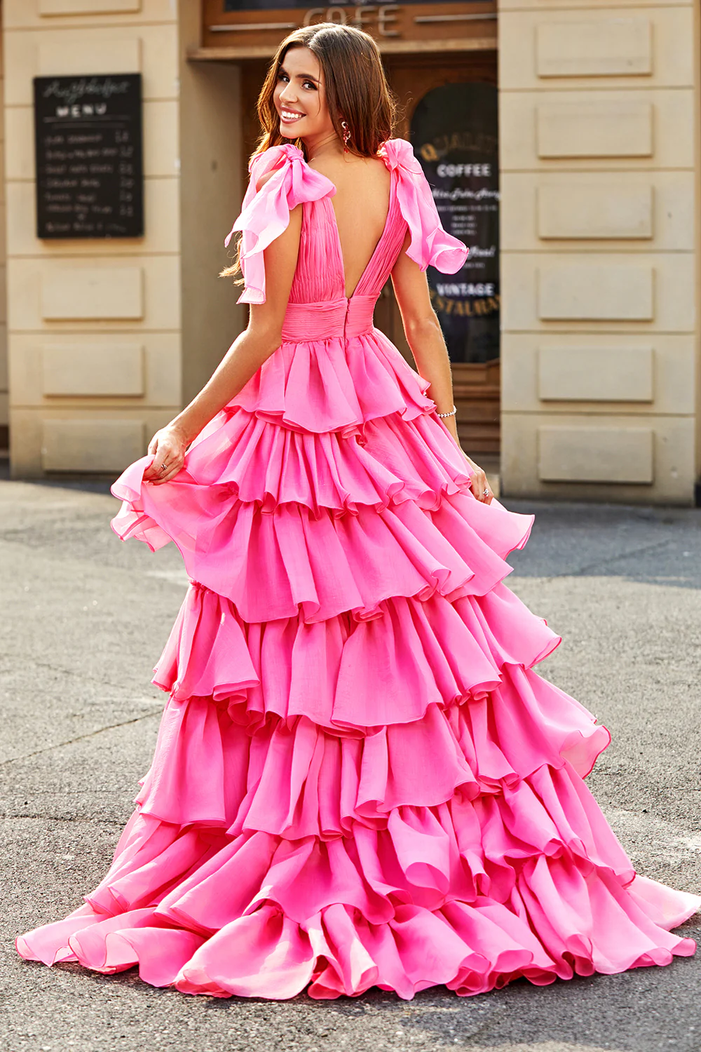 Glamorous Ball Gown Deep V Bow Shoulder Tiered Ruffle Floor-Length Evening Dress