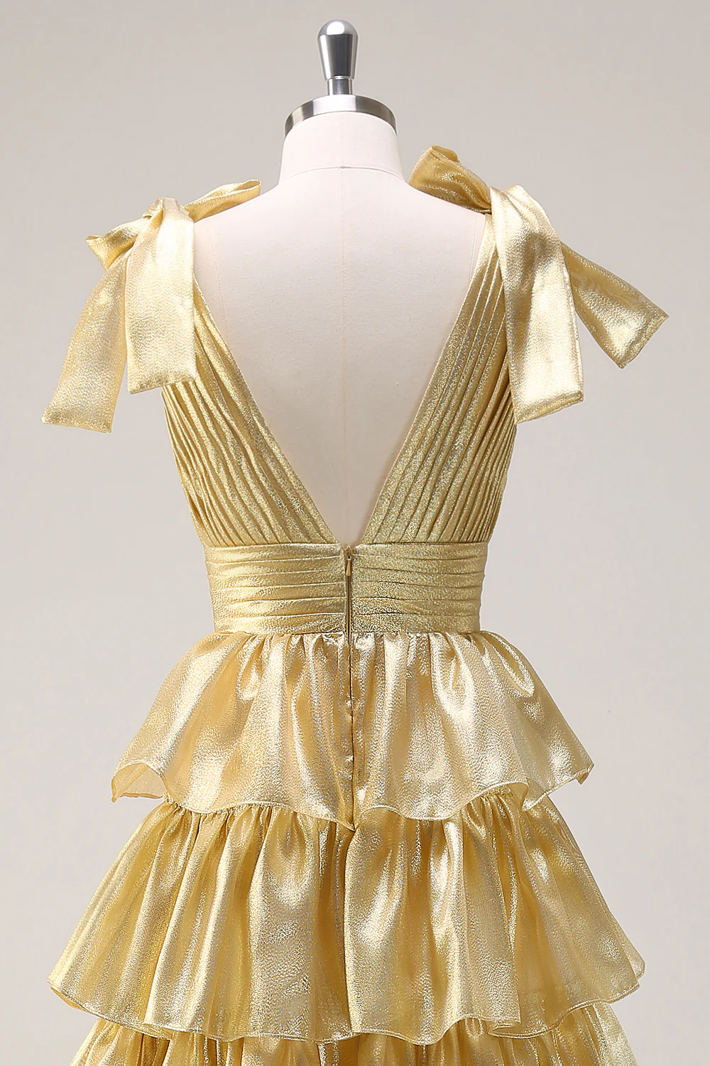 Glamorous Ball Gown Deep V Bow Shoulder Tiered Ruffle Floor-Length Evening Dress