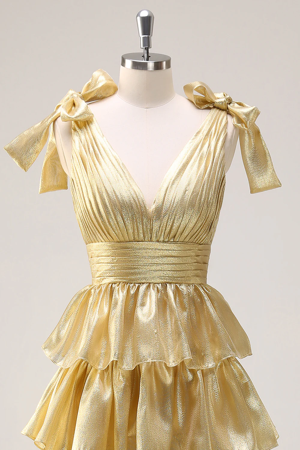 Glamorous Ball Gown Deep V Bow Shoulder Tiered Ruffle Floor-Length Evening Dress