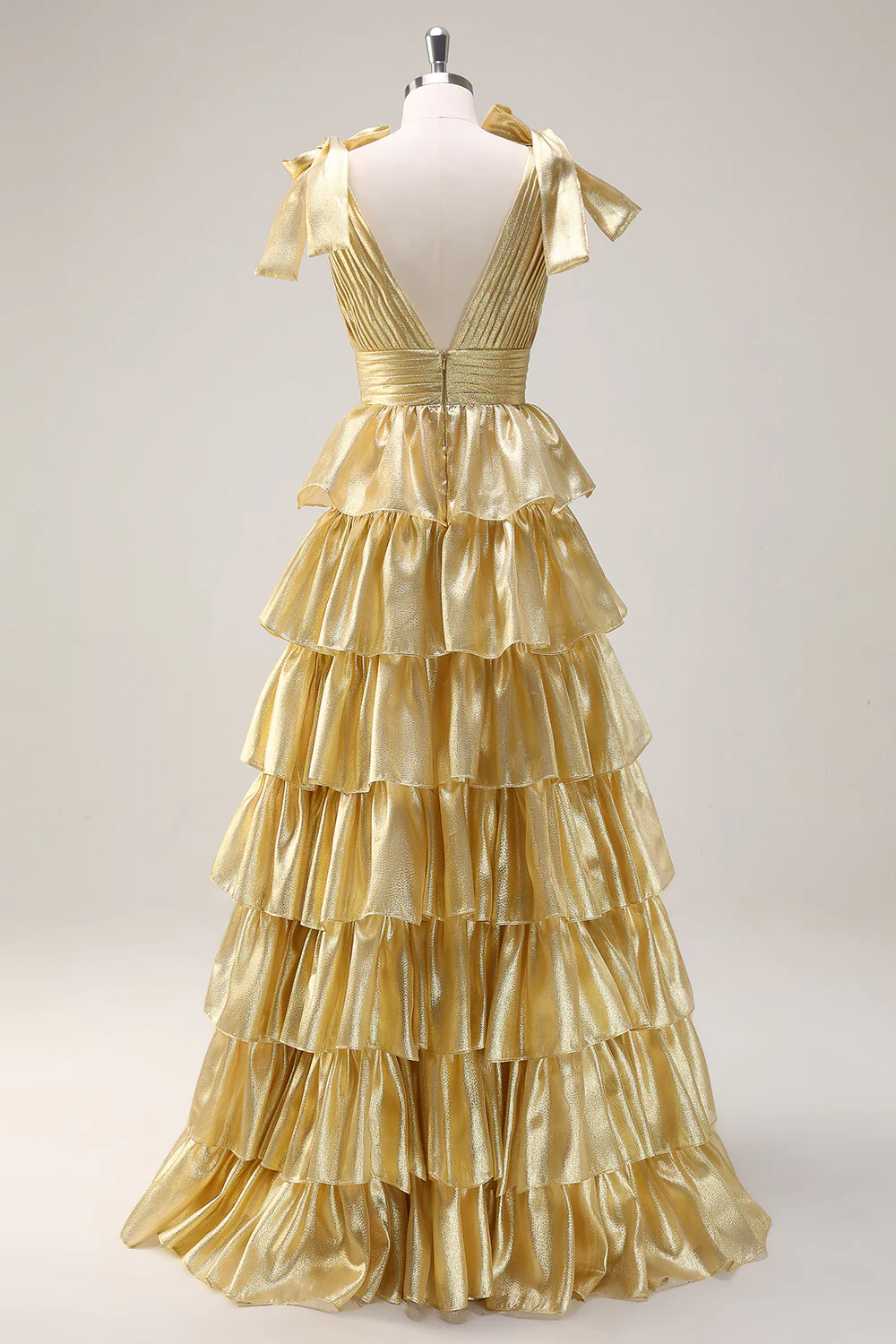 Glamorous Ball Gown Deep V Bow Shoulder Tiered Ruffle Floor-Length Evening Dress