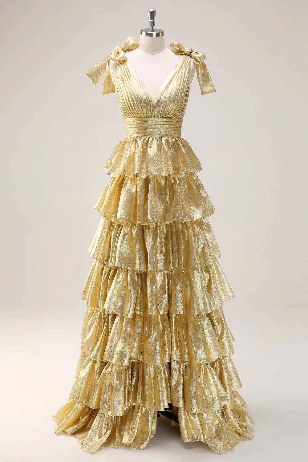 Glamorous Ball Gown Deep V Bow Shoulder Tiered Ruffle Floor-Length Evening Dress