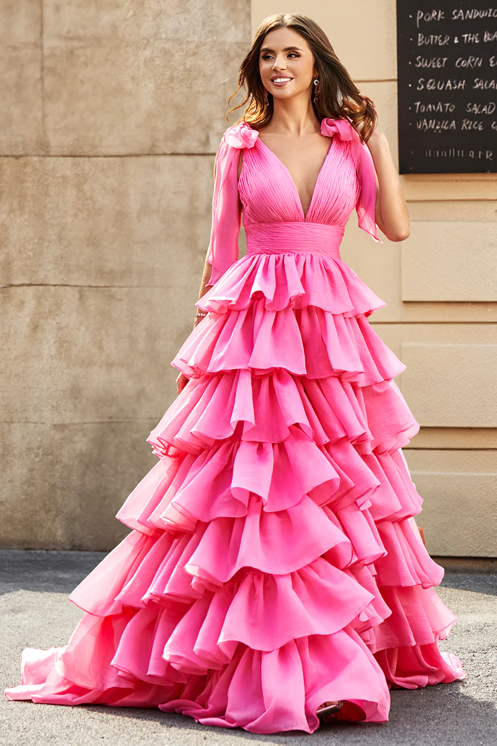 Glamorous Ball Gown Deep V Bow Shoulder Tiered Ruffle Floor-Length Evening Dress