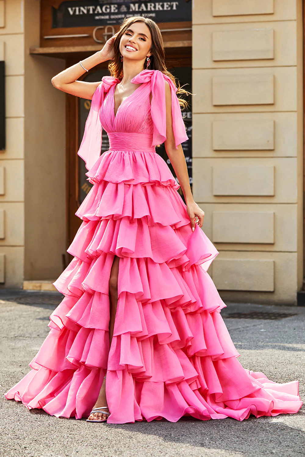 Glamorous Ball Gown Deep V Bow Shoulder Tiered Ruffle Floor-Length Evening Dress