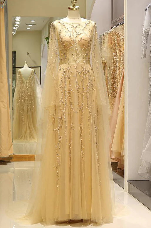 Glamorous Beaded Tulle Evening Dresses with Sheer Long Sleeves, Deep V-Back and Cape Overlay Formal Gown