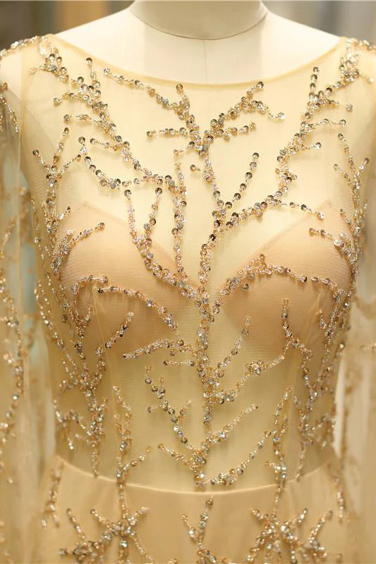 Glamorous Beaded Tulle Evening Dresses with Sheer Long Sleeves, Deep V-Back and Cape Overlay Formal Gown