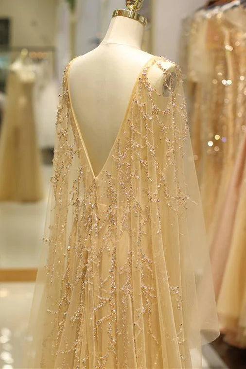 Glamorous Beaded Tulle Evening Dresses with Sheer Long Sleeves, Deep V-Back and Cape Overlay Formal Gown