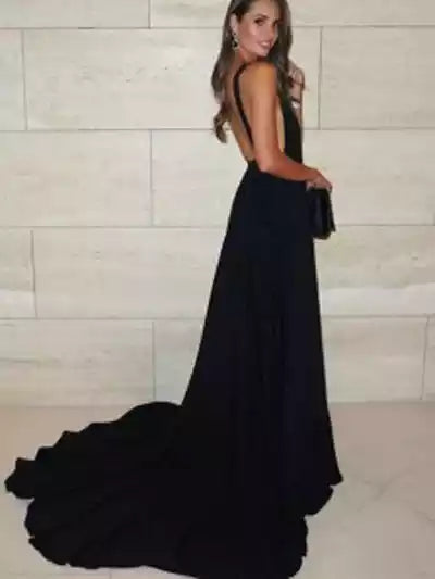 Glamorous Black Chiffon A-Line Gown with Plunge V-Neck & Open Back