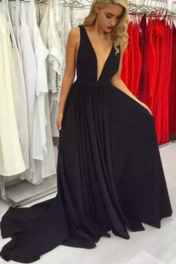Glamorous Black Chiffon A-Line Gown with Plunge V-Neck & Open Back