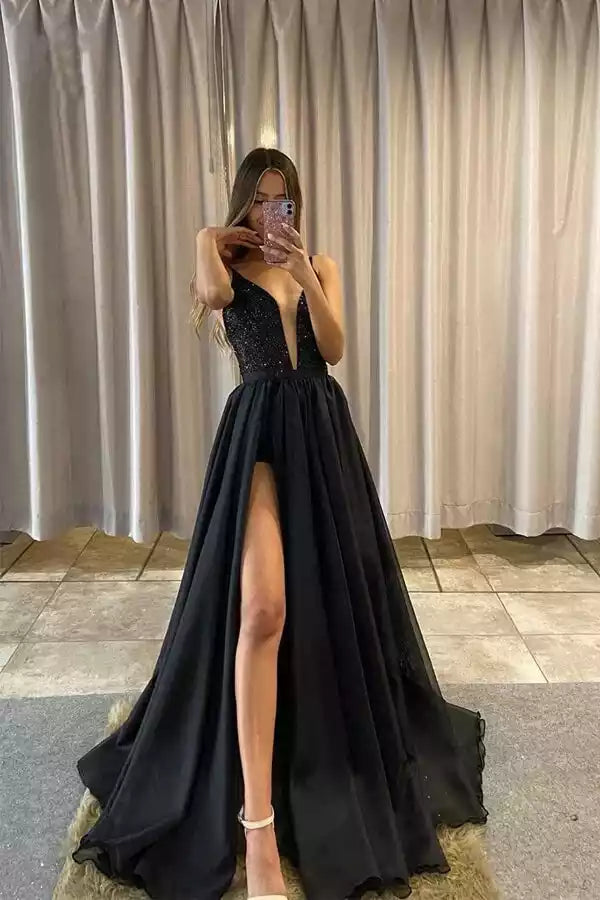 Glamorous Black Chiffon A-Line Gown with Sequin Plunge V-Neck & Criss-Cross Back