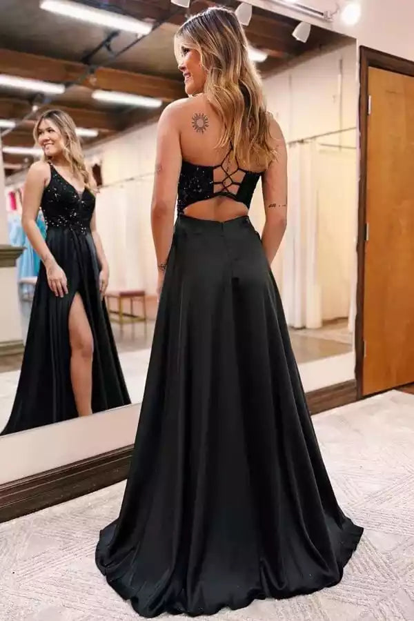Glamorous Black Satin A-Line Gown with Sequin Halter Neck & Cutout Back