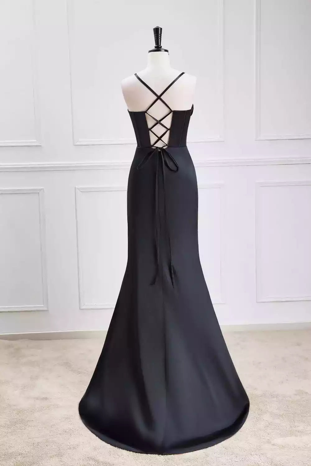 Glamorous Black Satin Mermaid Gown with Cowl Neck & Lace-Up Back