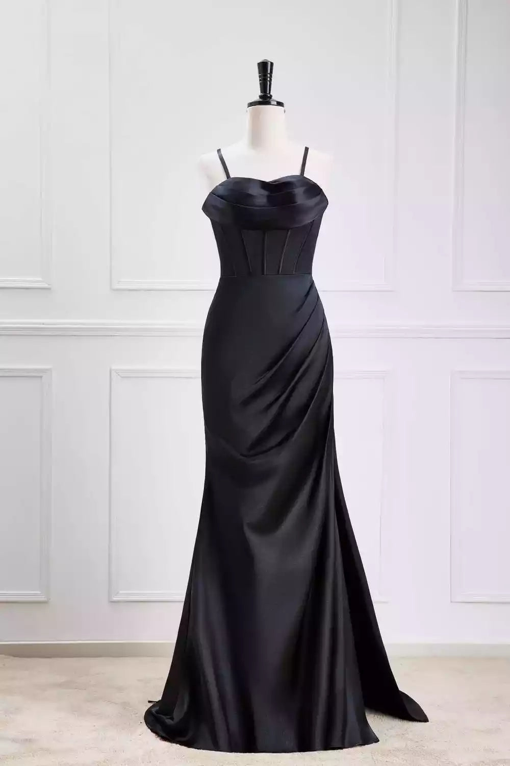 Glamorous Black Satin Mermaid Gown with Cowl Neck & Lace-Up Back