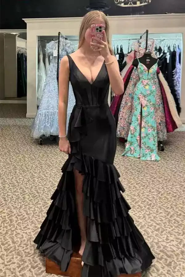 Glamorous Black Satin Mermaid Gown with Plunge V-Neck & Ruffled Skirt