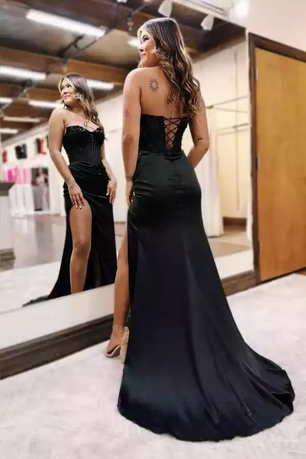Glamorous Black Satin Mermaid Gown with Sweetheart Lace Bodice & Lace-Up Back