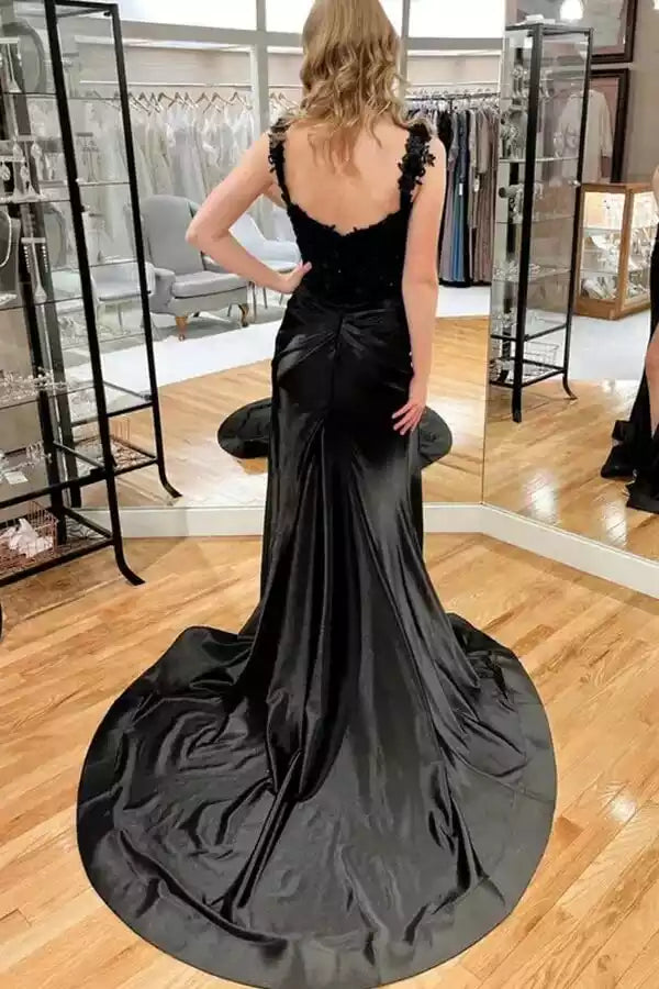 Glamorous Black Satin Mermaid Prom Gown with Lace Corset Bodice & High Slit