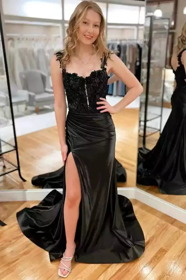 Glamorous Black Satin Mermaid Prom Gown with Lace Corset Bodice & High Slit